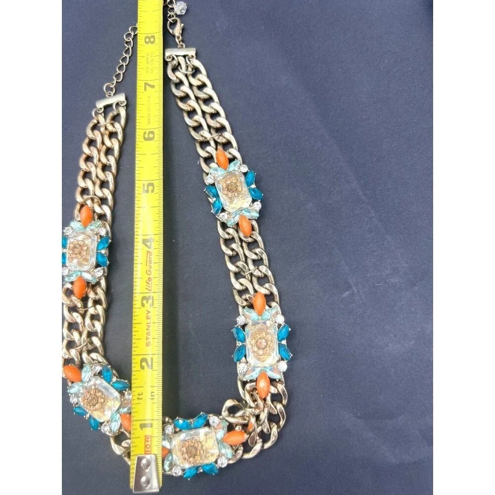 Double Chain Chunky‎ Rhinestones Necklace Orange Teal Gold Tone Biker Babe Funky